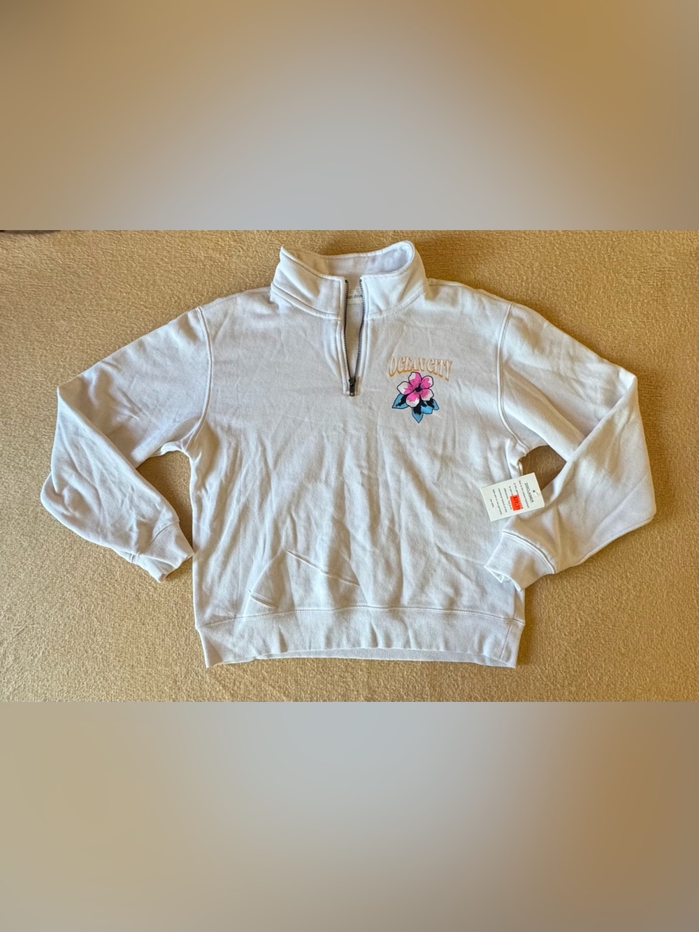 Ocean Drive White Quarter-Zip Pullover with Pink Floral Patch